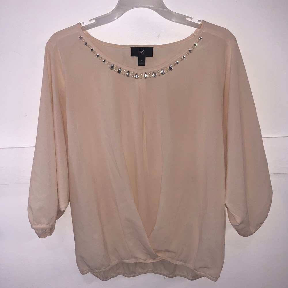 Cream Flowy Blouse with Jewel and Pearl Neckline